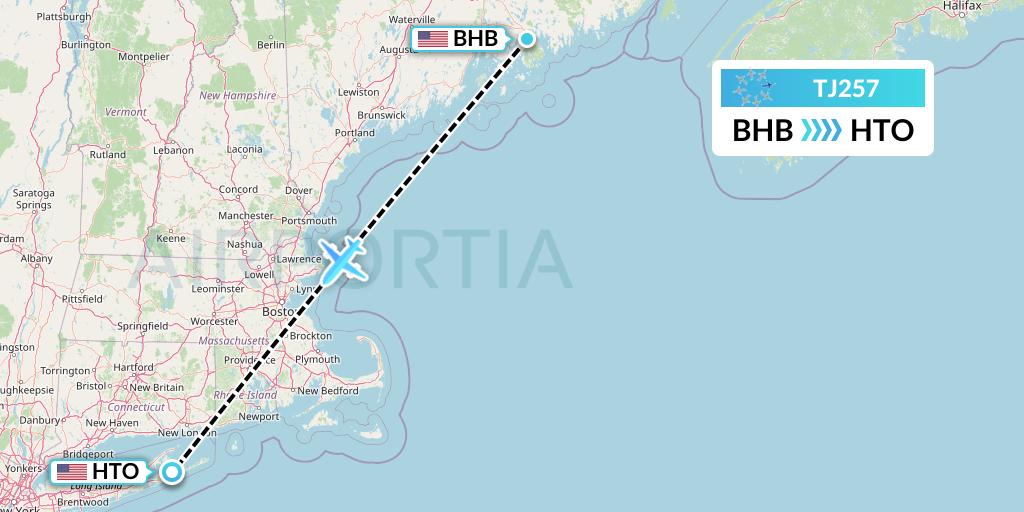 TJ257 Tradewind Aviation Flight Map: Bar Harbor to East Hampton