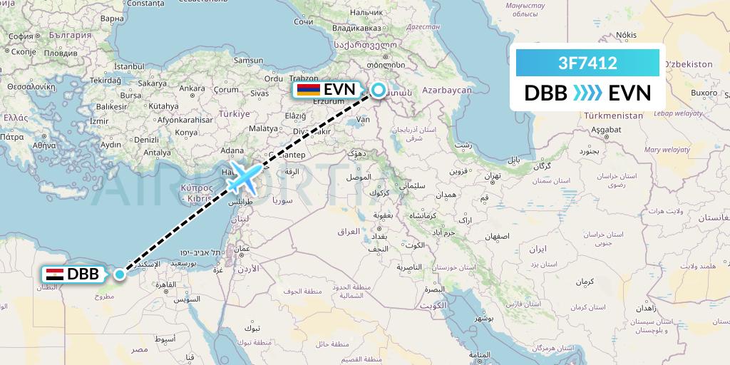 3F7412 Flyone Armenia Flight Map: El Alamein to Yerevan
