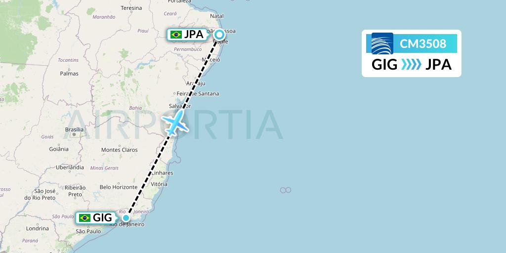 CM3508 Copa Airlines Flight Map: Rio de Janeiro to Joao Pessoa