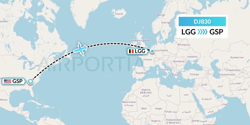 DJ830 Air Djibouti Flight Map: Liege to Greenville-Spartanburg