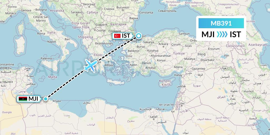 MB391 MNG Airlines Flight Map: Tripoli to Istanbul