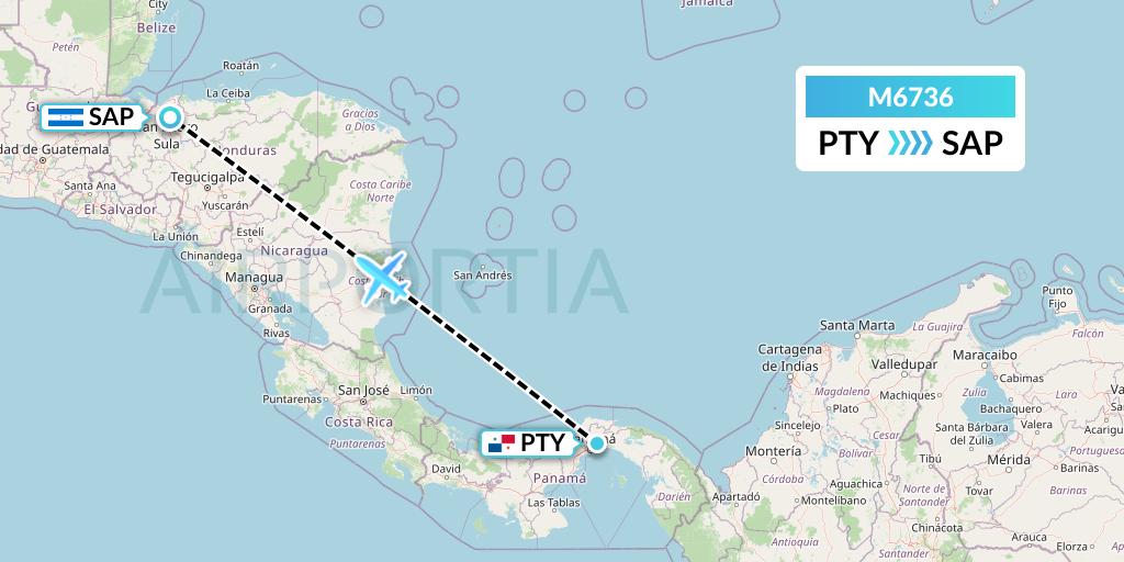 M6736 Amerijet International Flight Map: Panama City to San Pedro Sula