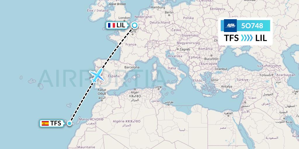 5O748 ASL Airlines France Flight Map: Tenerife to Lille