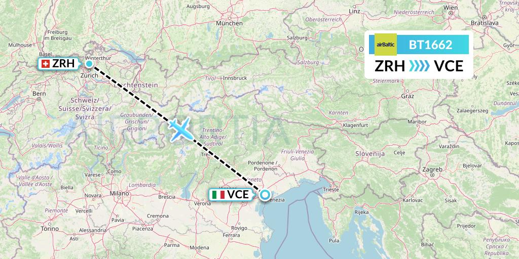 BT1662 Air Baltic Flight Map: Zurich to Venice