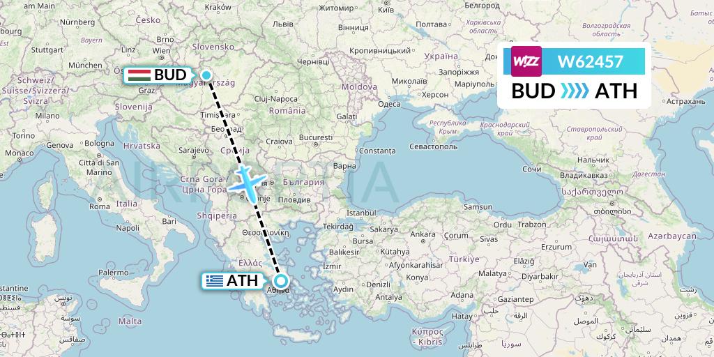W62457 Wizz Air Flight Map: Budapest to Athens