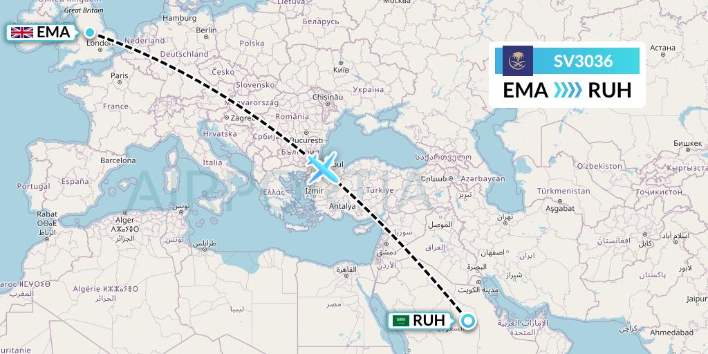 SV3036 Saudi Arabian Airlines Flight Map: East Midlands to Riyadh