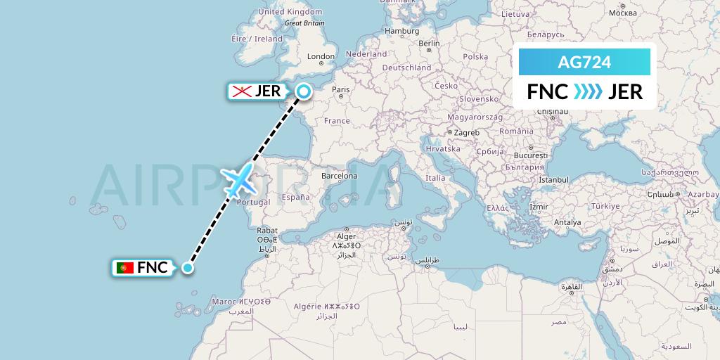 AG724 Aruba Airlines Flight Map: Funchal to Jersey