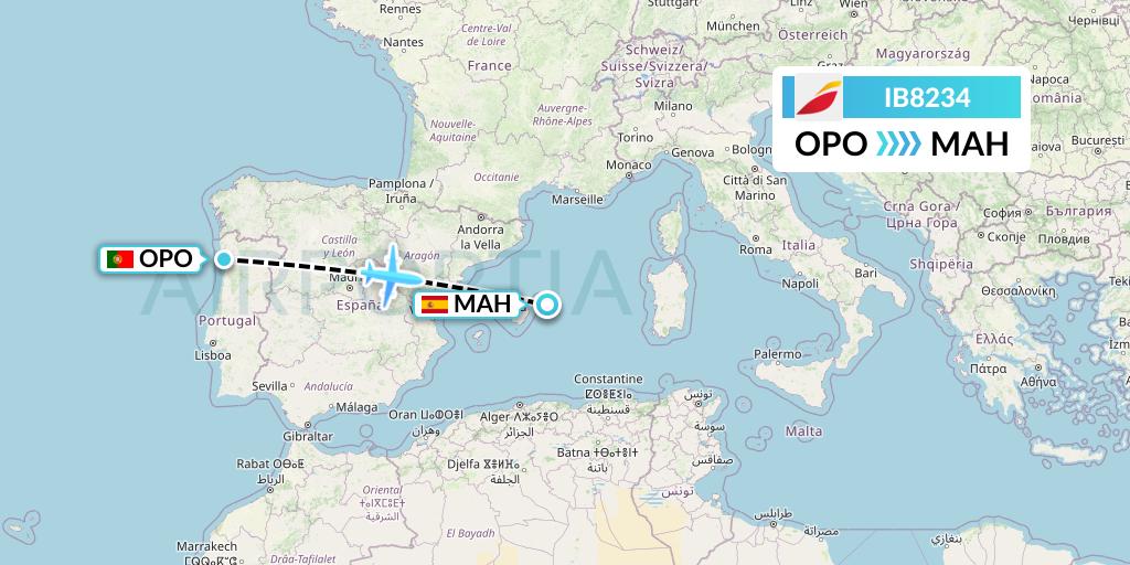 IB8234 Iberia Flight Map: Porto to Mahon