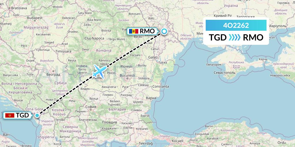 4O2262 Air Montenegro Flight Map: Podgorica to Chisinau
