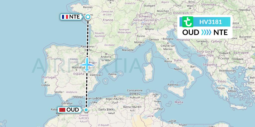 HV3181 Transavia Flight Map: Oujda to Nantes