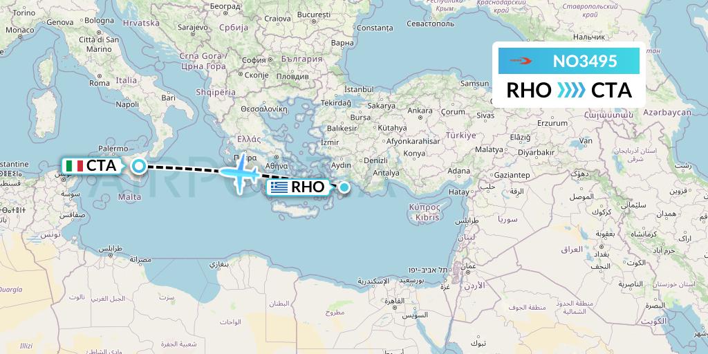 NO3495 Neos Flight Map: Rhodes to Catania