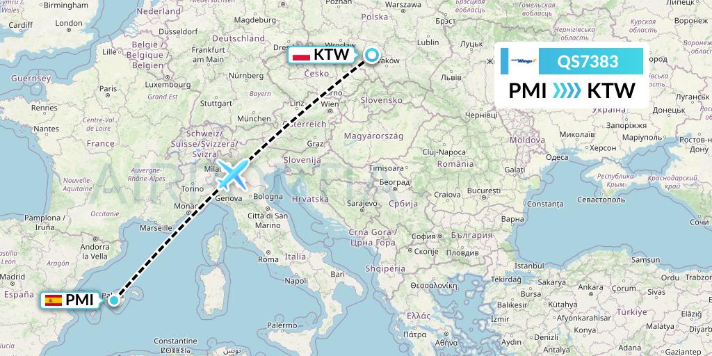 QS7383 Smartwings Flight Map: Palma de Mallorca to Katowice
