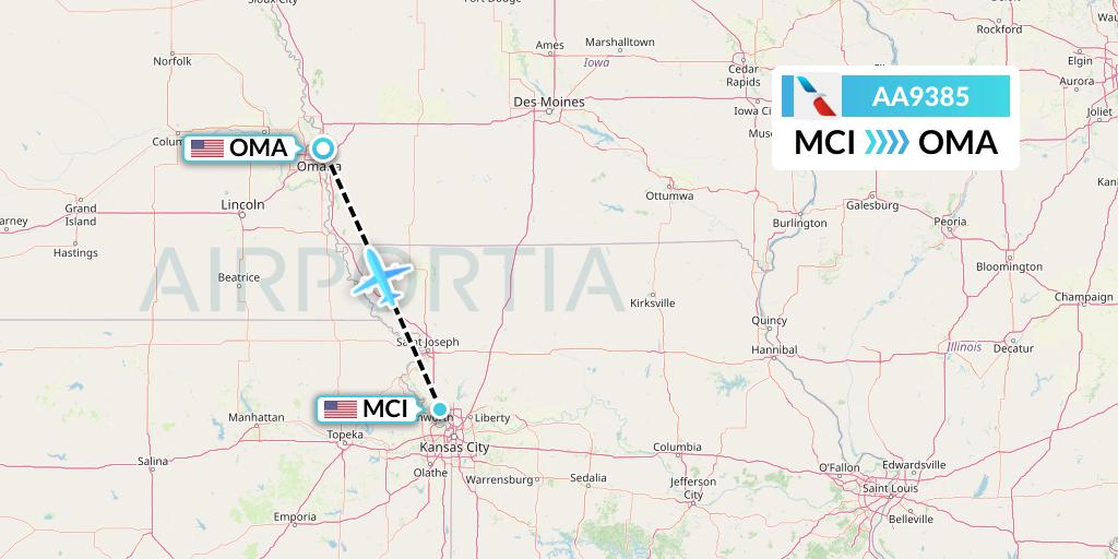 AA9385 American Airlines Flight Map: Kansas City to Omaha