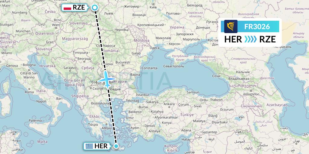 FR3026 Ryanair Flight Map: Heraklion to Rzeszow