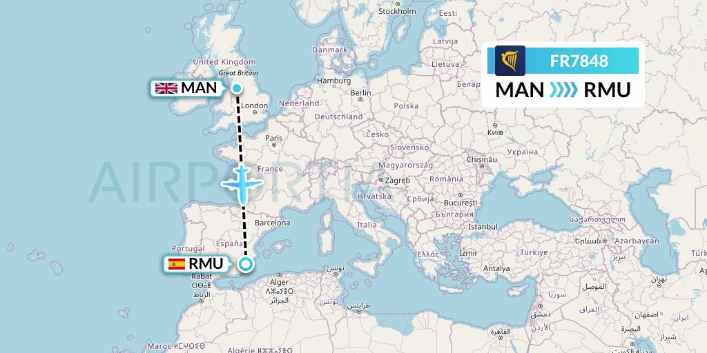 FR7848 Ryanair Flight Map: Manchester to Murcia