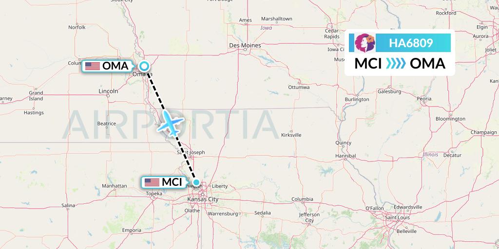 HA6809 Hawaiian Airlines Flight Map: Kansas City to Omaha