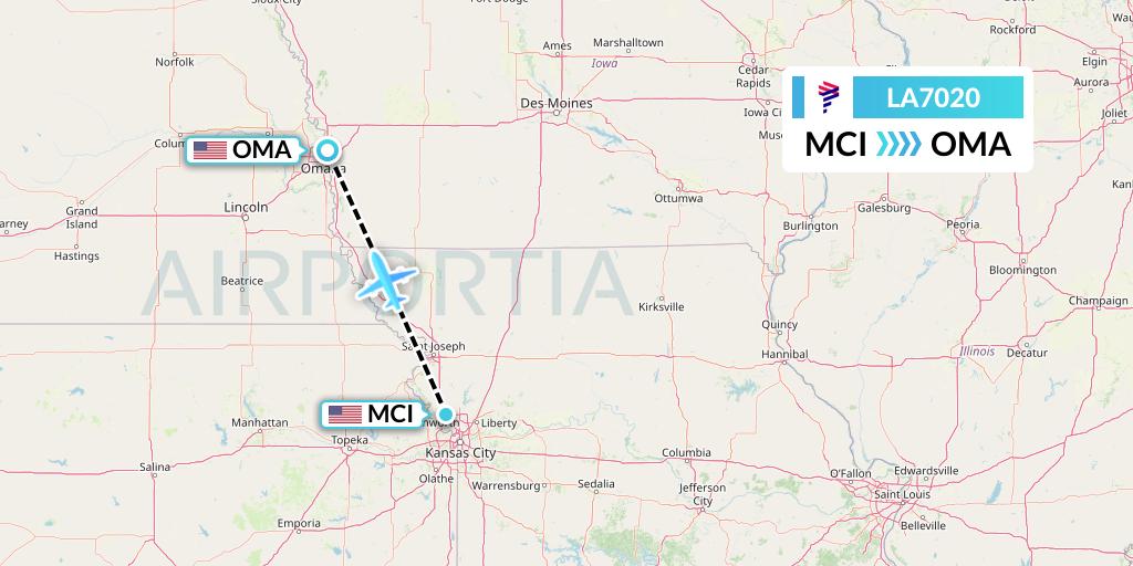 LA7020 LAN Airlines Flight Map: Kansas City to Omaha