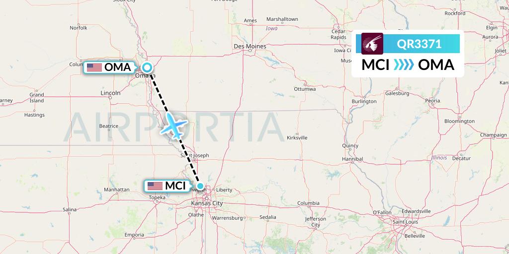 QR3371 Qatar Airways Flight Map: Kansas City to Omaha