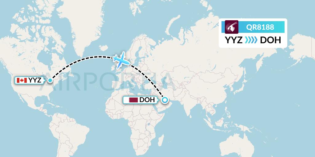 QR8188 Qatar Airways Flight Map: Toronto to Doha