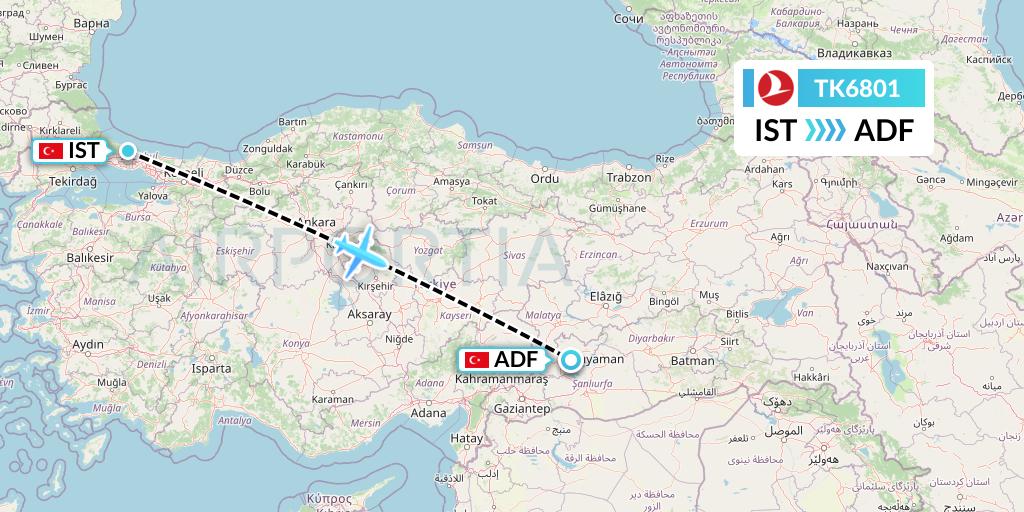TK6801 Turkish Airlines Flight Map: Istanbul to Adiyaman