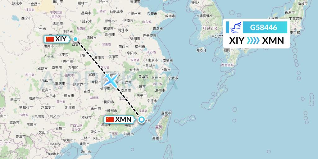 G58446 China Express Airlines Flight Map: Xi'an to Xiamen