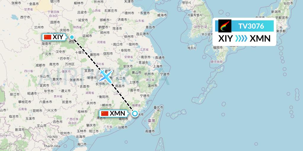 TV3076 Tibet Airlines Flight Map: Xi'an to Xiamen