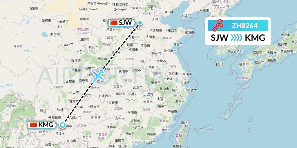 ZH8264 Shenzhen Airlines Flight Map: Shijiazhuang to Kunming