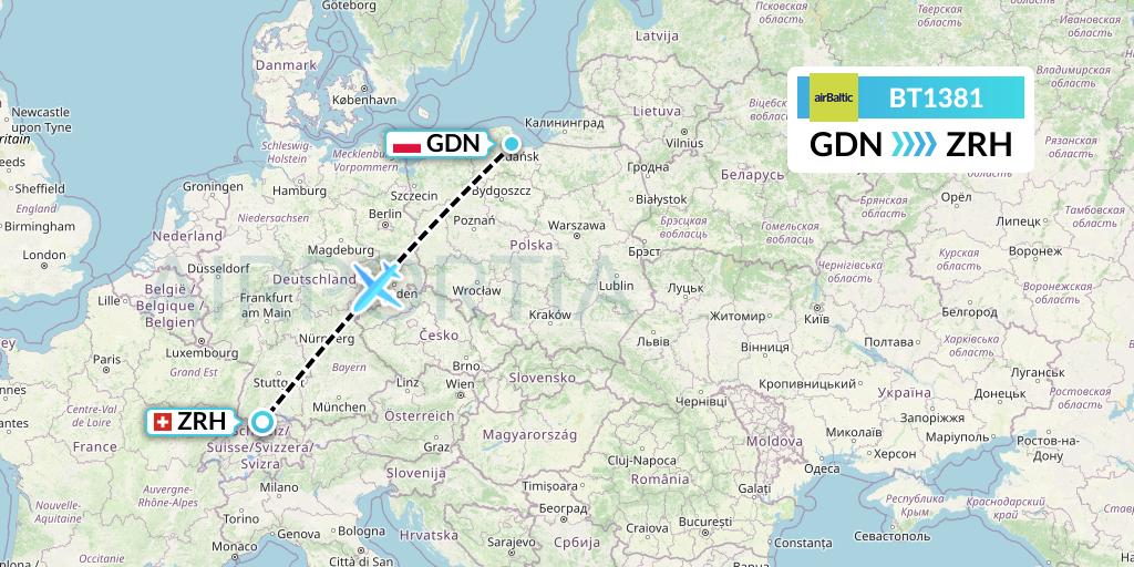 BT1381 Air Baltic Flight Map: Gdansk to Zurich