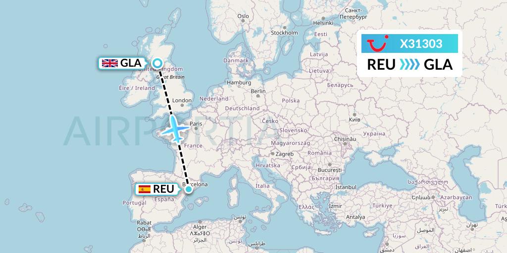 X31303 TUI fly Germany Flight Map: Reus to Glasgow