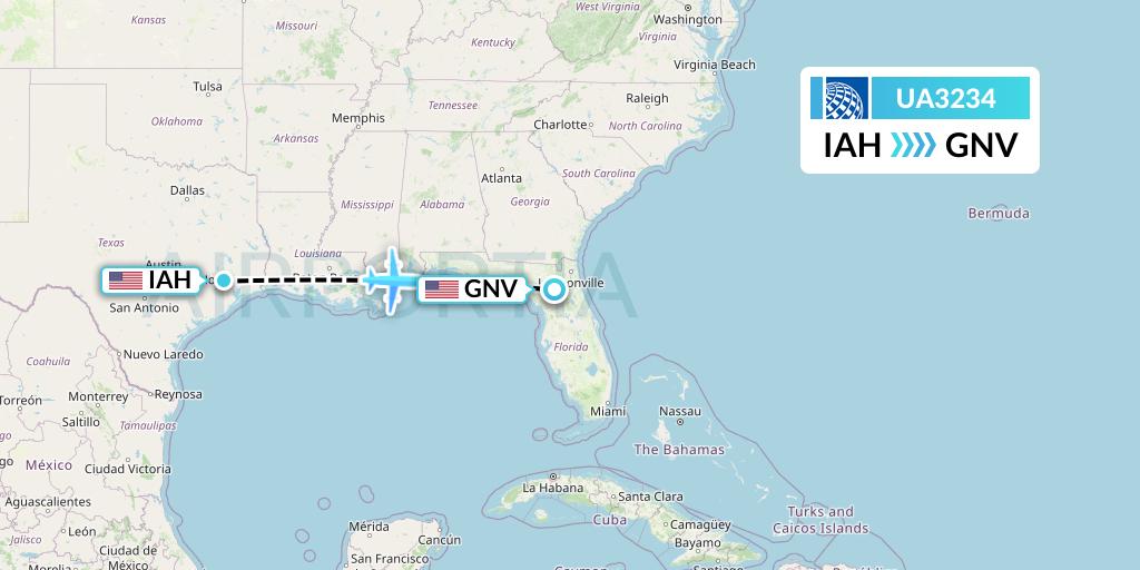 UA3234 United Airlines Flight Map: Houston to Gainesville