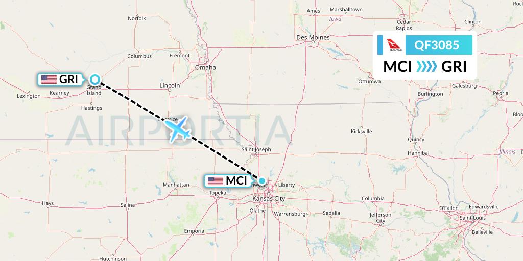 QF3085 Qantas Flight Map: Kansas City to Grand Island