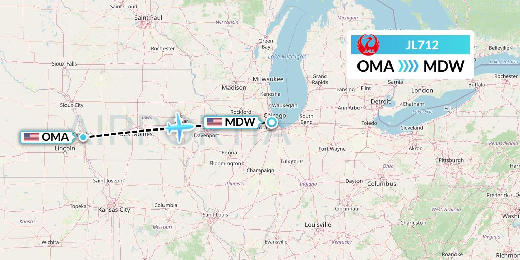 JL712 Japan Airlines Flight Map: Omaha to Chicago