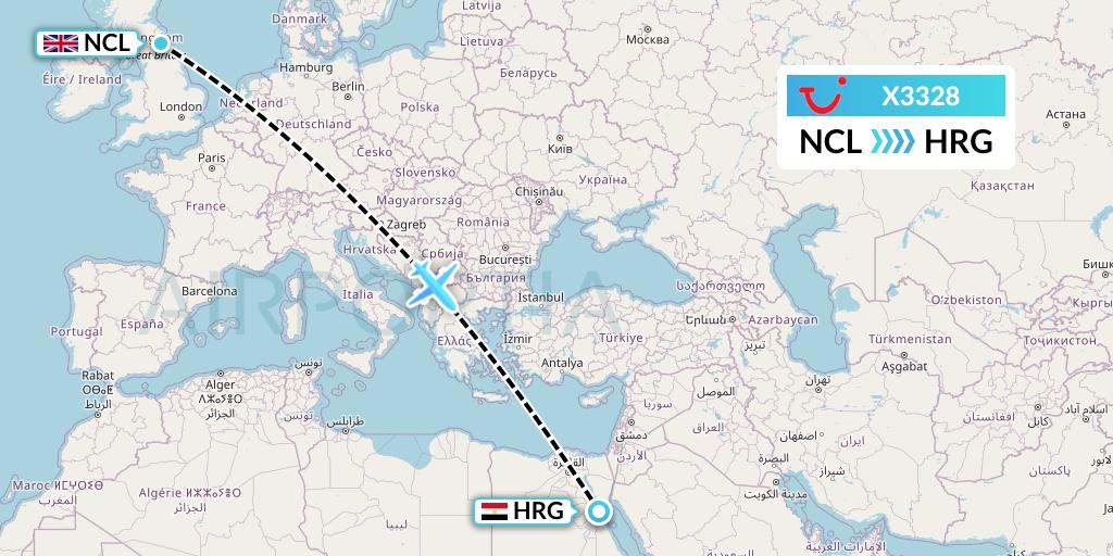 X3328 TUI fly Germany Flight Map: Newcastle to Hurghada