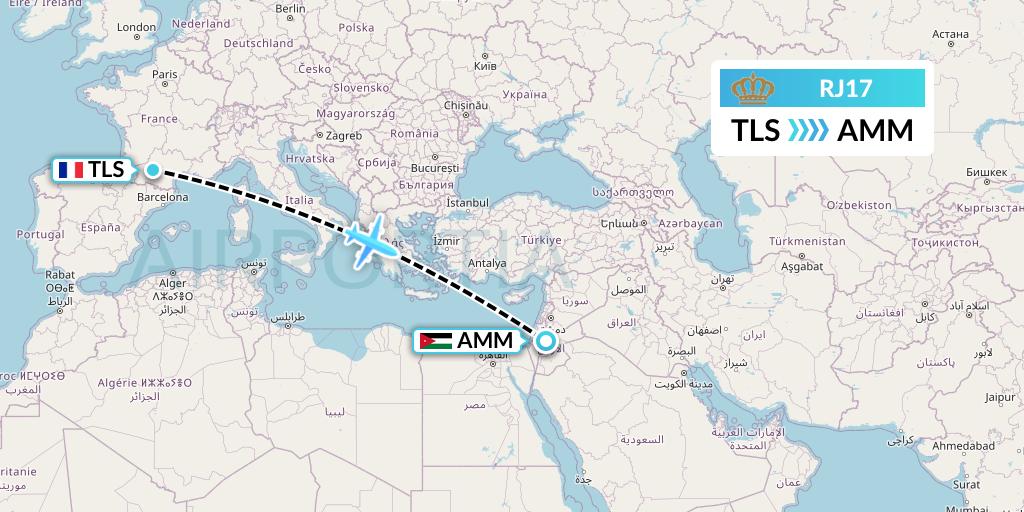 RJ17 Royal Jordanian Flight Map: Toulouse to Amman