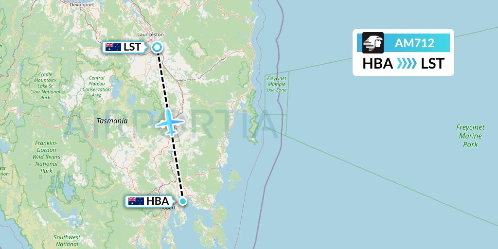 AM712 Aeromexico Flight Map: Hobart to Launceston