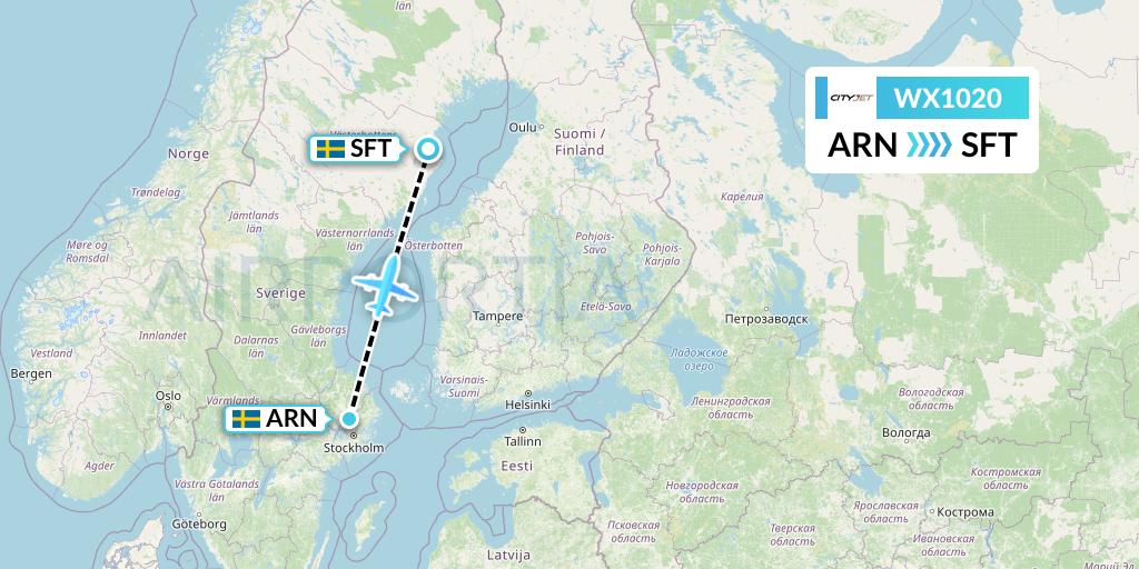 WX1020 Cityjet Flight Map: Stockholm to Skelleftea