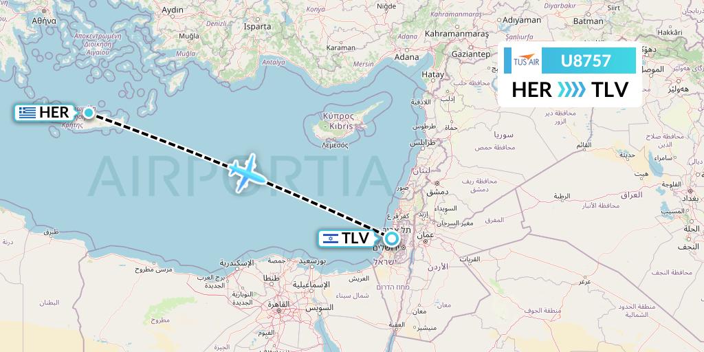 U8757 Tus Airways Flight Map: Heraklion to Tel Aviv