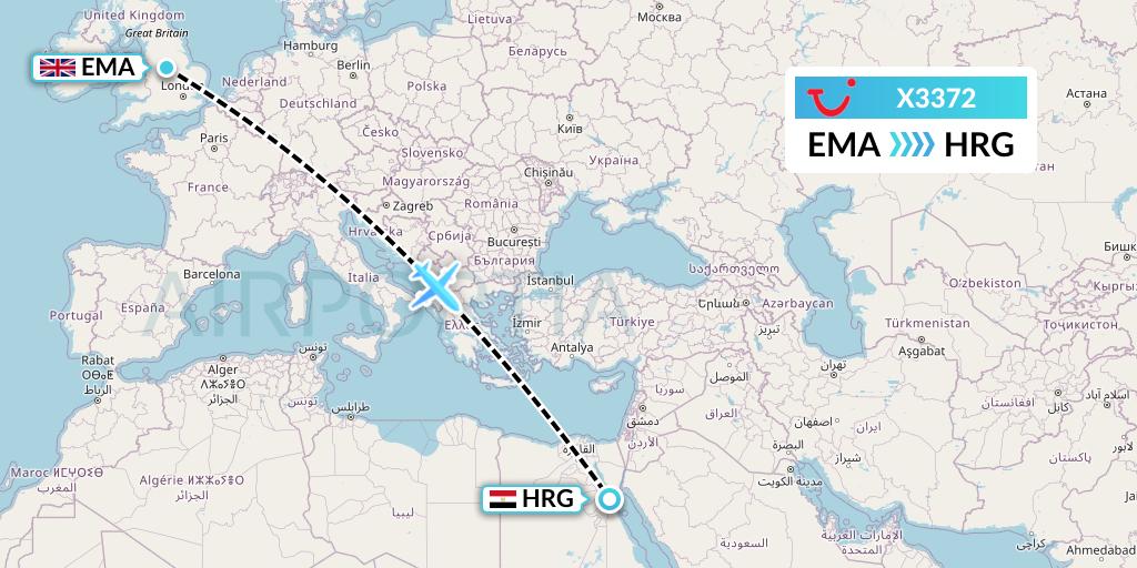 X3372 TUI fly Germany Flight Map: East Midlands to Hurghada