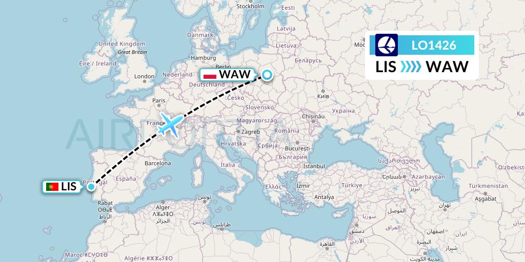 LO1426 LOT Flight Map: Lisbon to Warsaw