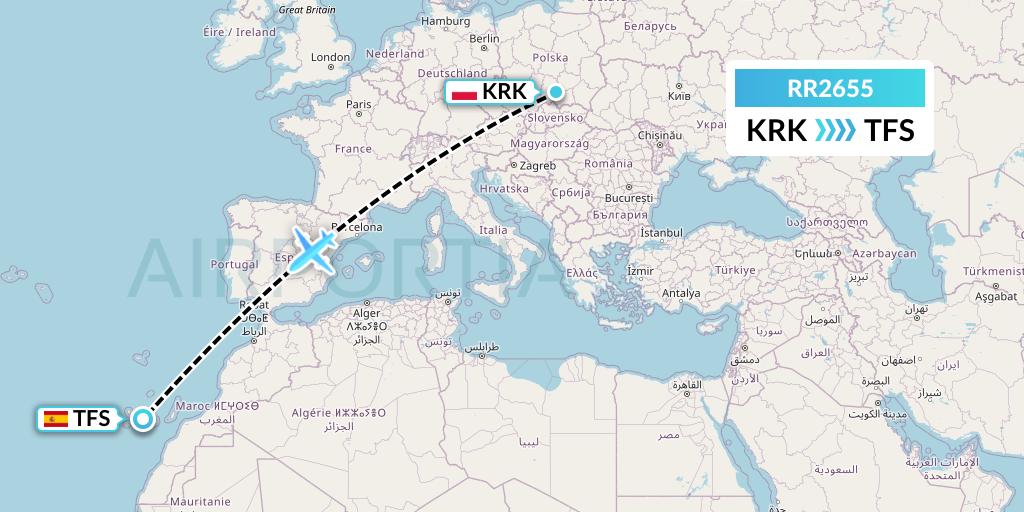RR2655 Royal Air Force Flight Map: Krakow to Tenerife