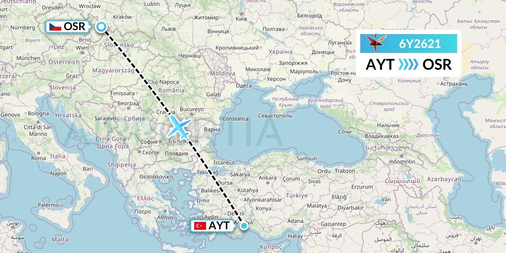 6Y2621 SmartLynx Flight Map: Antalya to Ostrava