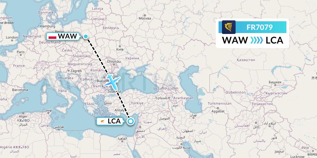 FR7079 Ryanair Flight Map: Warsaw to Larnaca