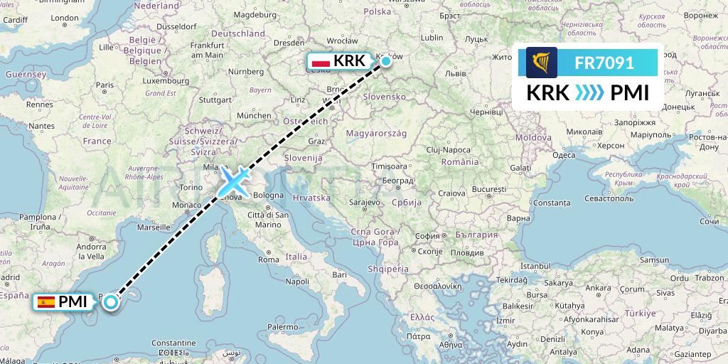 FR7091 Ryanair Flight Map: Krakow to Palma de Mallorca