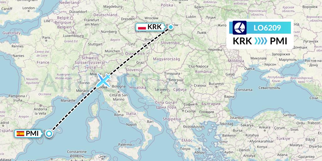 LO6209 LOT Flight Map: Krakow to Palma de Mallorca
