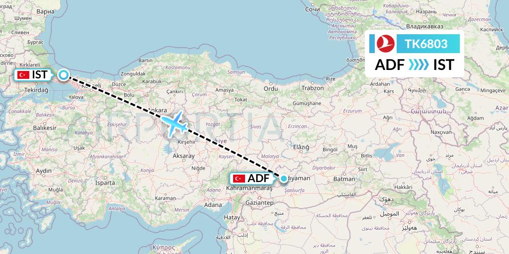 TK6803 Turkish Airlines Flight Map: Adiyaman to Istanbul