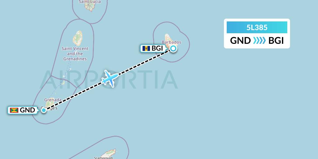 5L385 Fly Salone Airlines Limited Flight Map: Point Salines to Bridgetown