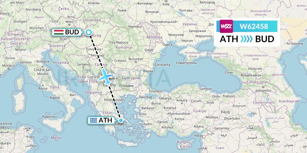 W62458 Wizz Air Flight Map: Athens to Budapest