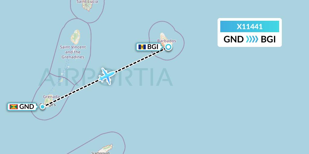 X11441 Nik Airways Flight Map: Point Salines to Bridgetown