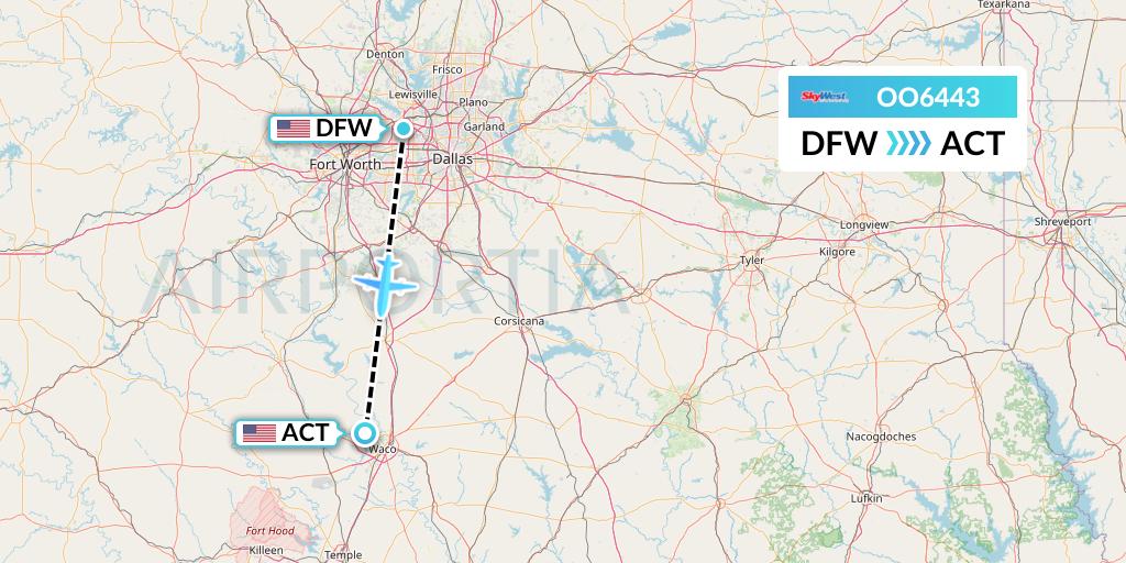 OO6443 SkyWest Airlines Flight Map: Dallas to Waco