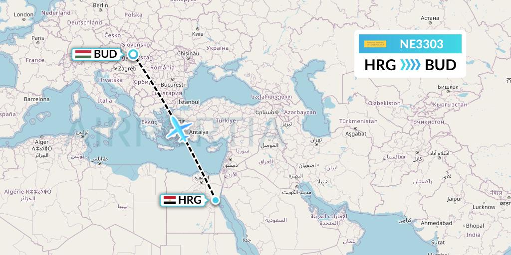 NE3303 Nesma Airlines Flight Map: Hurghada to Budapest
